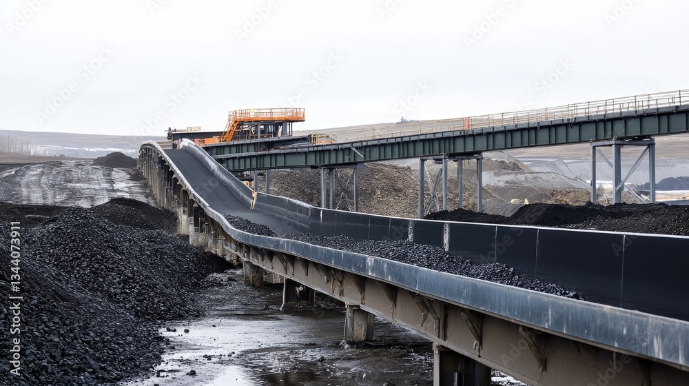 Obraz premium A construction conveyor belt transporting gravel from a pile to a processing plant.