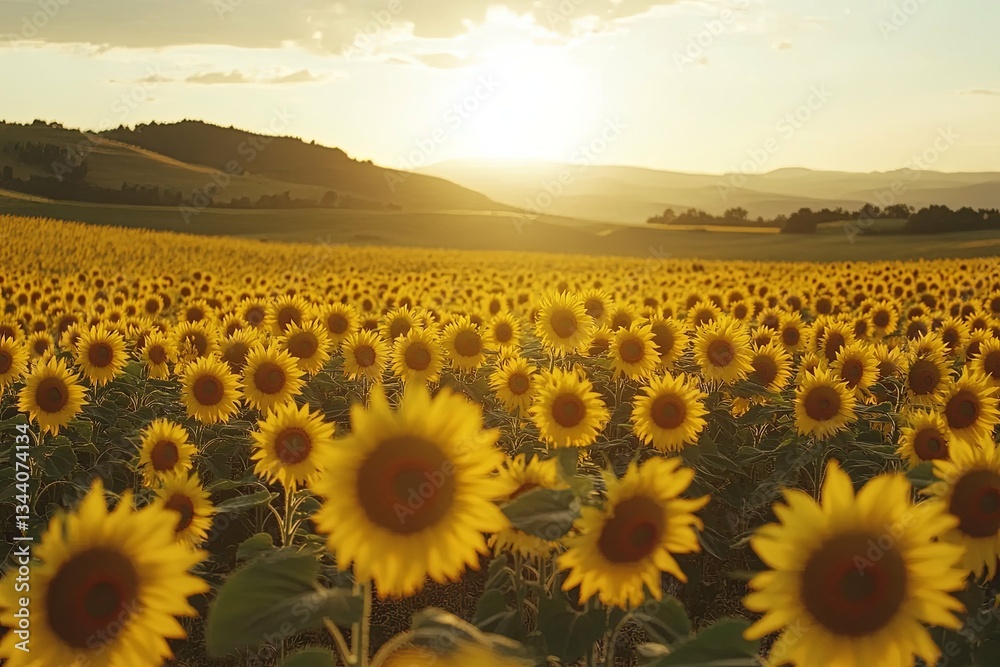 Fototapeta premium A vast field of yellow sunflowers under a bright sunset