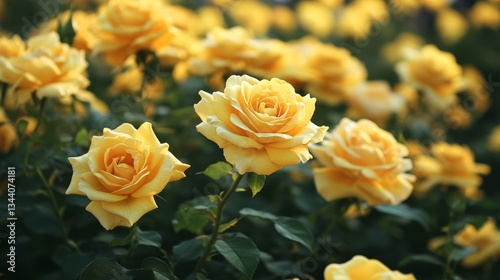 yellow roses blooming and lush leaves