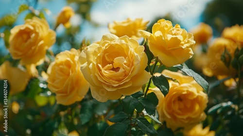 yellow roses blooming and lush leaves
