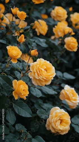 yellow roses blooming and lush leaves