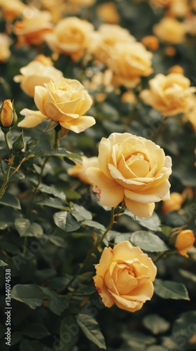 yellow roses blooming and lush leaves