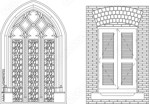 vector sketch illustration silhouette of colonial gothic renaissance window design with pergola and canopy classic vintage european model 