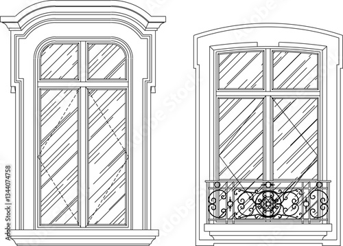 vector sketch illustration silhouette of colonial gothic renaissance window design with pergola and canopy classic vintage european model  