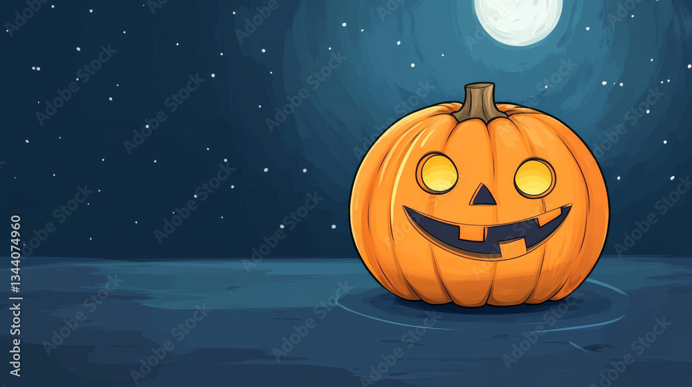 glowing pumpkin with cheerful face sits under full moon, surrounded by starry night sky, evoking fun Halloween spirit glowing pumpkin with cheerful face sits under full moon, surrounded by starry night sky, evoking fun Halloween spirit