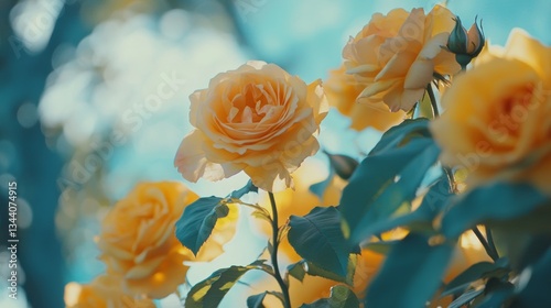 yellow roses blooming and lush leaves