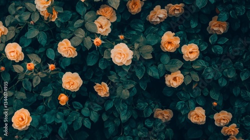 yellow roses blooming and lush leaves