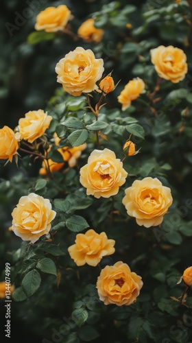 yellow roses blooming and lush leaves