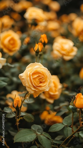 yellow roses blooming and lush leaves