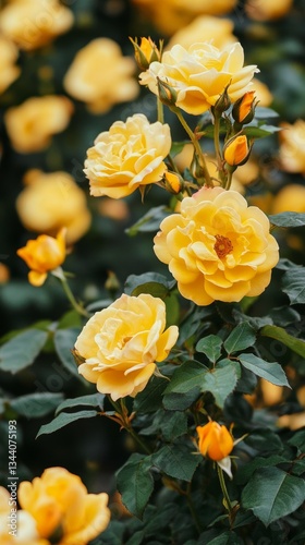 yellow roses blooming and lush leaves