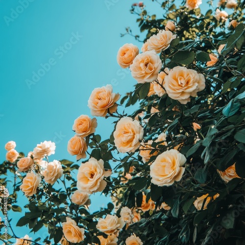 yellow roses blooming and lush leaves