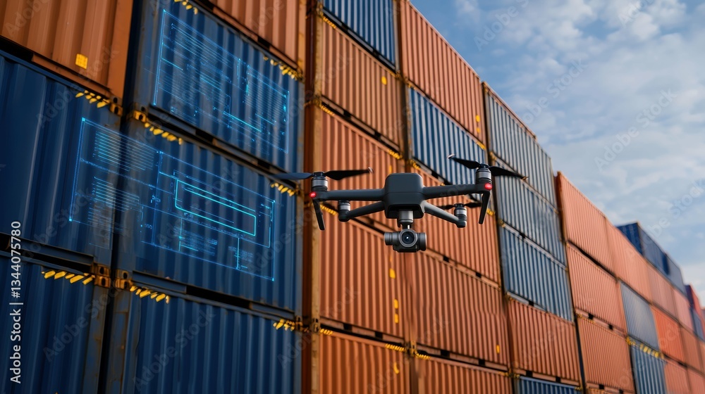 Fototapeta premium Drone inspection of shipping container stack port facility aerial photography industrial environment elevated viewpoint