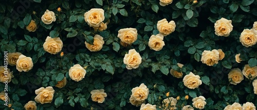 yellow roses blooming and lush leaves