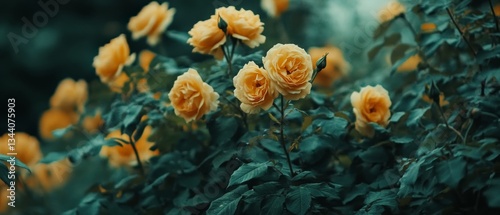 yellow roses blooming and lush leaves