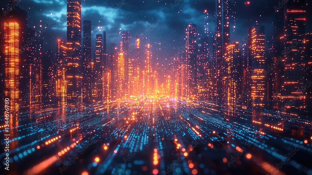 Fototapeta premium Futuristic cityscape illuminated by vibrant neon lights at dusk