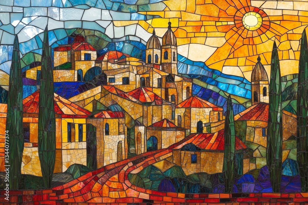 Obraz premium Colorful mosaic artwork depicts sunlit hilltop village.