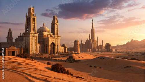 Ancient Desert City at Sunset with Majestic Architecture

