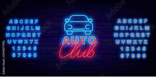 Auto club neon sign. Shiny blue alphabet. Motor car repair service. Vector stock illustration