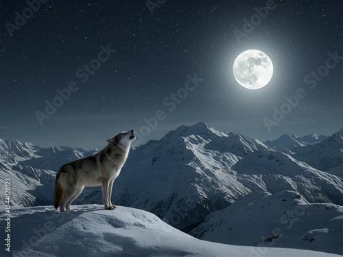 Wolf howling at the moon on a mountain.  blank copy space