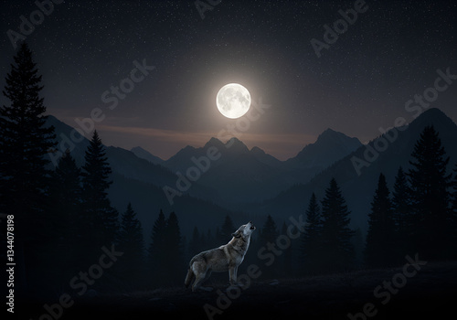 Wolf howling at the moon on a mountain.  blank copy space