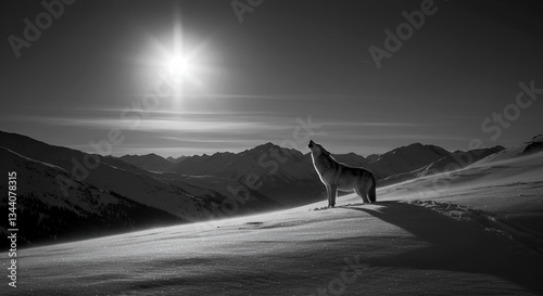Wolf howling as the sun rises across a snow covered mountain.  blank copy space