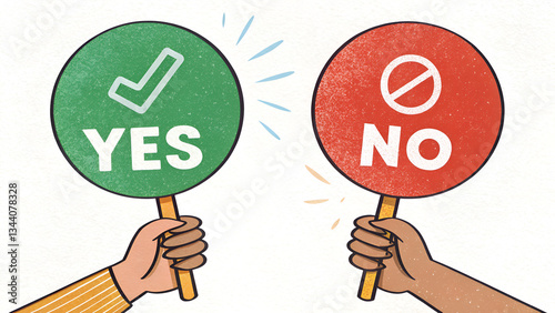 Hands holding yes and no signs with green and red circles showing agreement and disagreement respectively