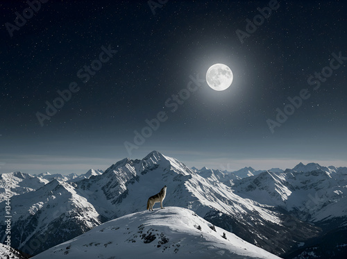 Wolf howling at the moon on a mountain.  blank copy space