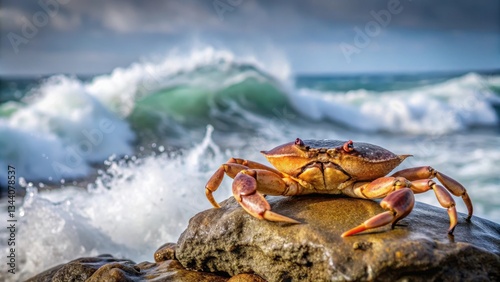 A Dungeness crab sitting alone on a rocky shoreline with rough seas in the background, solitude, seafood,  solitude, seafood