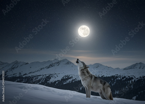 Wolf howling at the moon on a mountain.  blank copy space