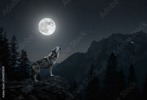 Wolf howling at the moon on a mountain.  blank copy space