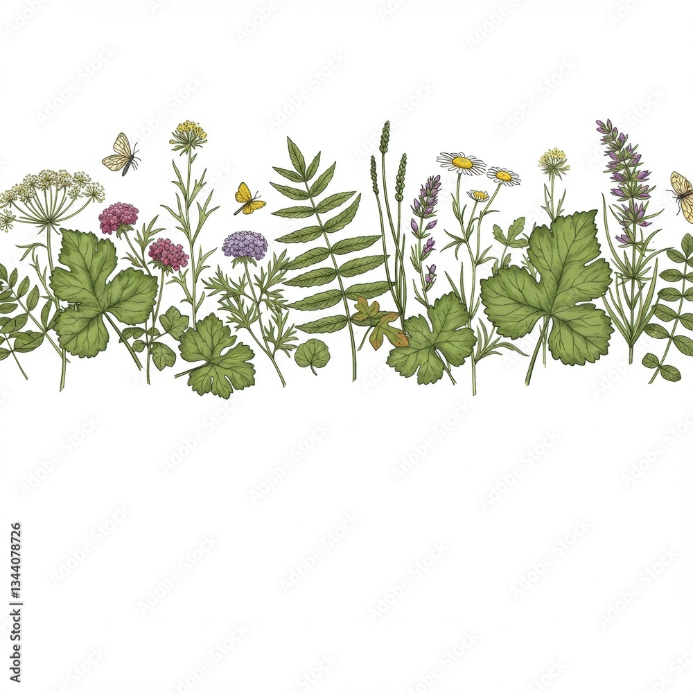 Obraz premium Beautiful Botanical Illustration of Wildflowers and Butterflies for Nature-Themed Designs and Decor Ideas