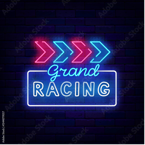 Grand racing neon sign. Motocross rally. Drift show and championship. Vector stock illustration