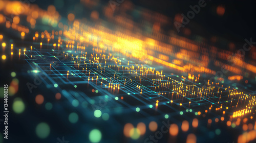 Abstract digital network glowing with vibrant orange and teal nodes, representing data flow, connectivity, or technology.
