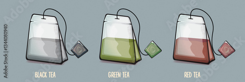 Black tea bag, green tea bag and red tea bag set isolated on grey background. Vector graphic design hand drawn cartoon string and tag Teabag collection clip art