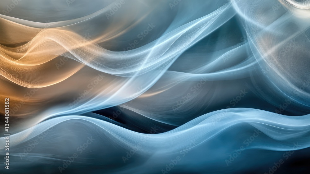 Fototapeta premium Harmonious smoky waves in a blend of blue, gray, and brown flowing naturally over a bright, soft surface.