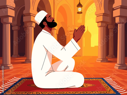  Aerial view of man in white Islamic robe and cap standing on intricately patterned prayer rug with raised hands in deep prayer Concept of Ramadan