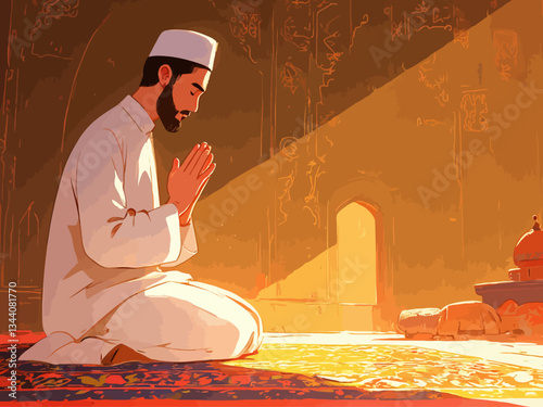  Aerial view of man in white Islamic robe and cap standing on intricately patterned prayer rug with raised hands in deep prayer Concept of Ramadan