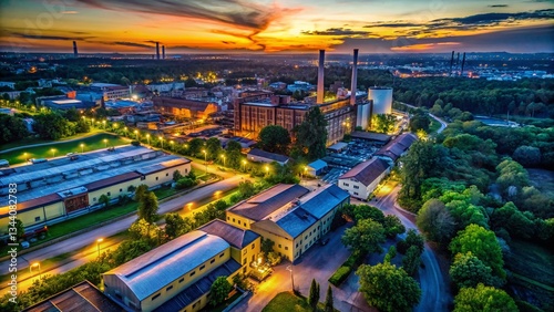 Low Light Drone Shot: Urban Industrial Area with Green Oasis