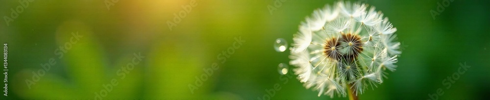 Close-up of a dandelion flower illuminated by soft sunlight in a green background.