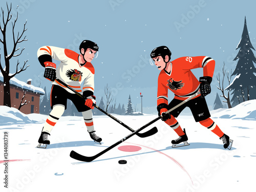  Ice Hockey Players Competing in Winter Snowy Outdoor Match 2d flat 