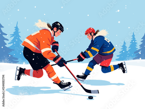  Ice Hockey Players Competing in Winter Snowy Outdoor Match 2d flat 