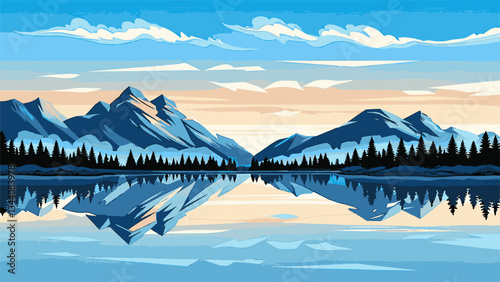 Panoramic mountainscape with mountain lake reflections in EPS and vector format.Serene Mountain Landscape with Reflections in Calm Water