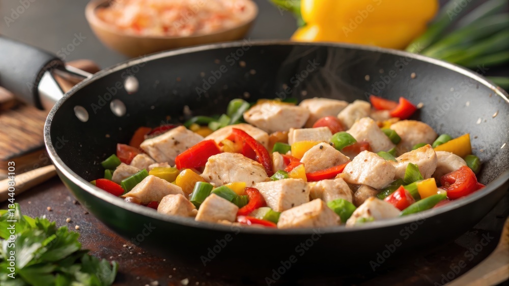 A vibrant stir-fry featuring chicken, bell peppers, and green vegetables in a skillet, garnished with fresh herbs. A vibrant stir-fry featuring chicken, bell peppers, and green vegetables in a skillet, garnished with fresh herbs.