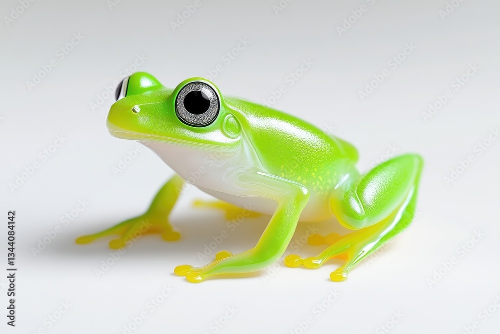 Fototapeta premium A vibrant green frog, with large eyes and bright yellow accents on its feet and belly