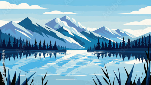 Panoramic mountainscape with mountain lake reflections in EPS and vector format.Serene Mountain Lake Scene with Reflections and Blue Sky