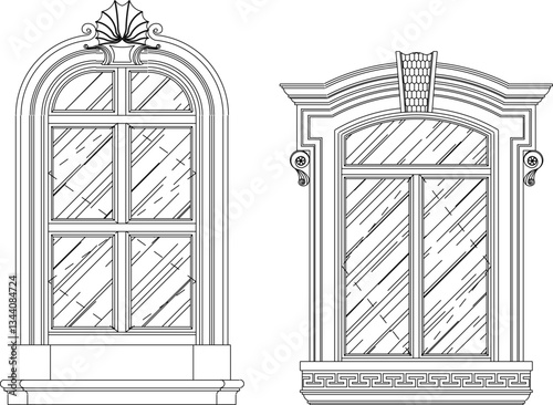 vector sketch illustration silhouette of colonial gothic renaissance window design with pergola and canopy classic vintage european model  