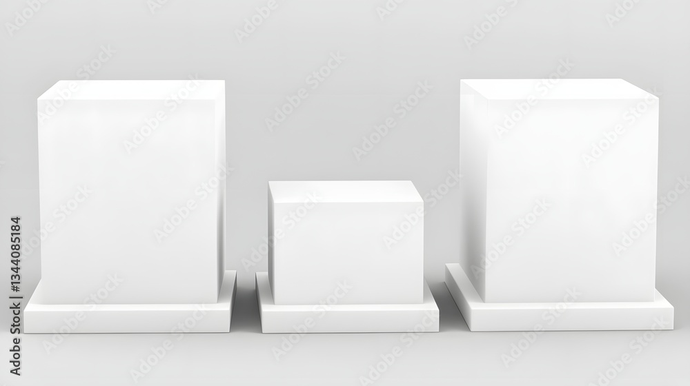 Three White Geometric Cubes of Varying Sizes on a Smooth Studio Background Three White Geometric Cubes of Varying Sizes on a Smooth Studio Background