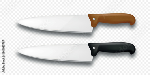Realistic Vector 3d Kitchen Knives Set, Isolated. Chef, Utility Knife, Sharp Stainless Steel Blades with Wooden and Black Handle. Cooking Tools, Professional Kitchen Utensils, Vector Illustration