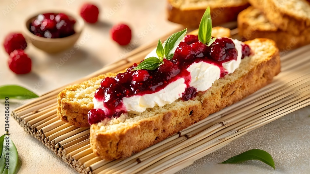 A slice of bread topped with cream cheese and berry compote, garnished with fresh leaves, served on a bamboo platter. Concept Artistic Food Presentation, Gourmet Breakfast Ideas A slice of bread topped with cream cheese and berry compote, garnished with fresh leaves, served on a bamboo platter. Concept Artistic Food Presentation, Gourmet Breakfast Ideas
