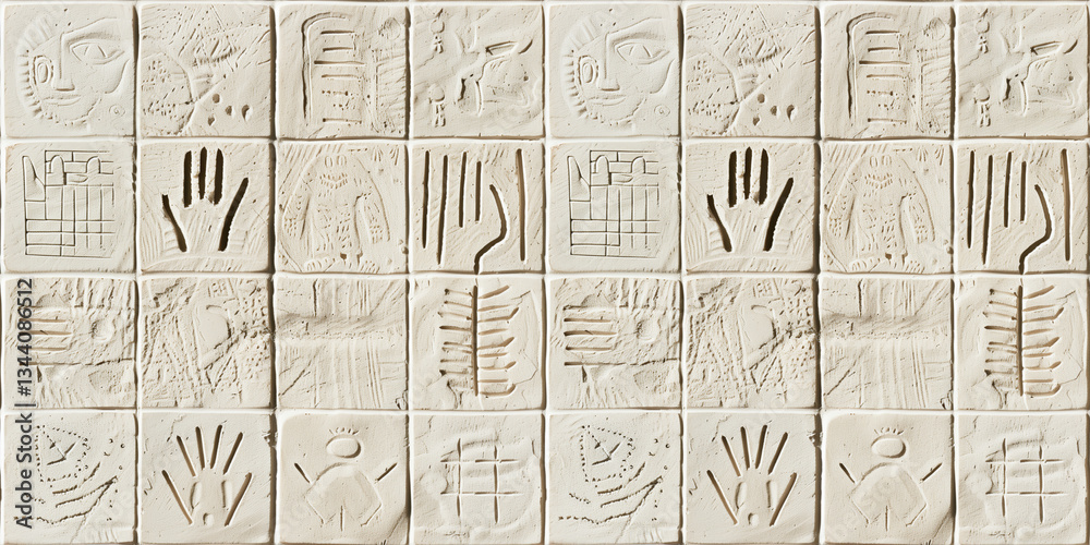 Fototapeta premium Relief artwork depicting handprints and symbols on a textured stone surface